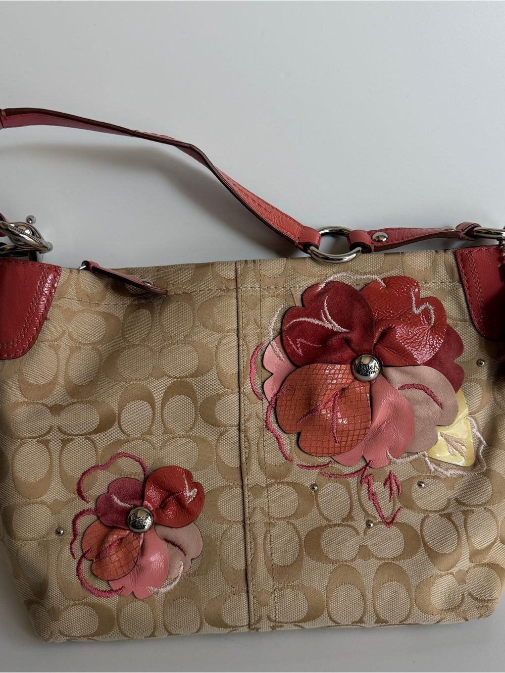 Coach Y2K Beige Signature Canvas Shoulder Bag with Pink & Red Floral Appliqués